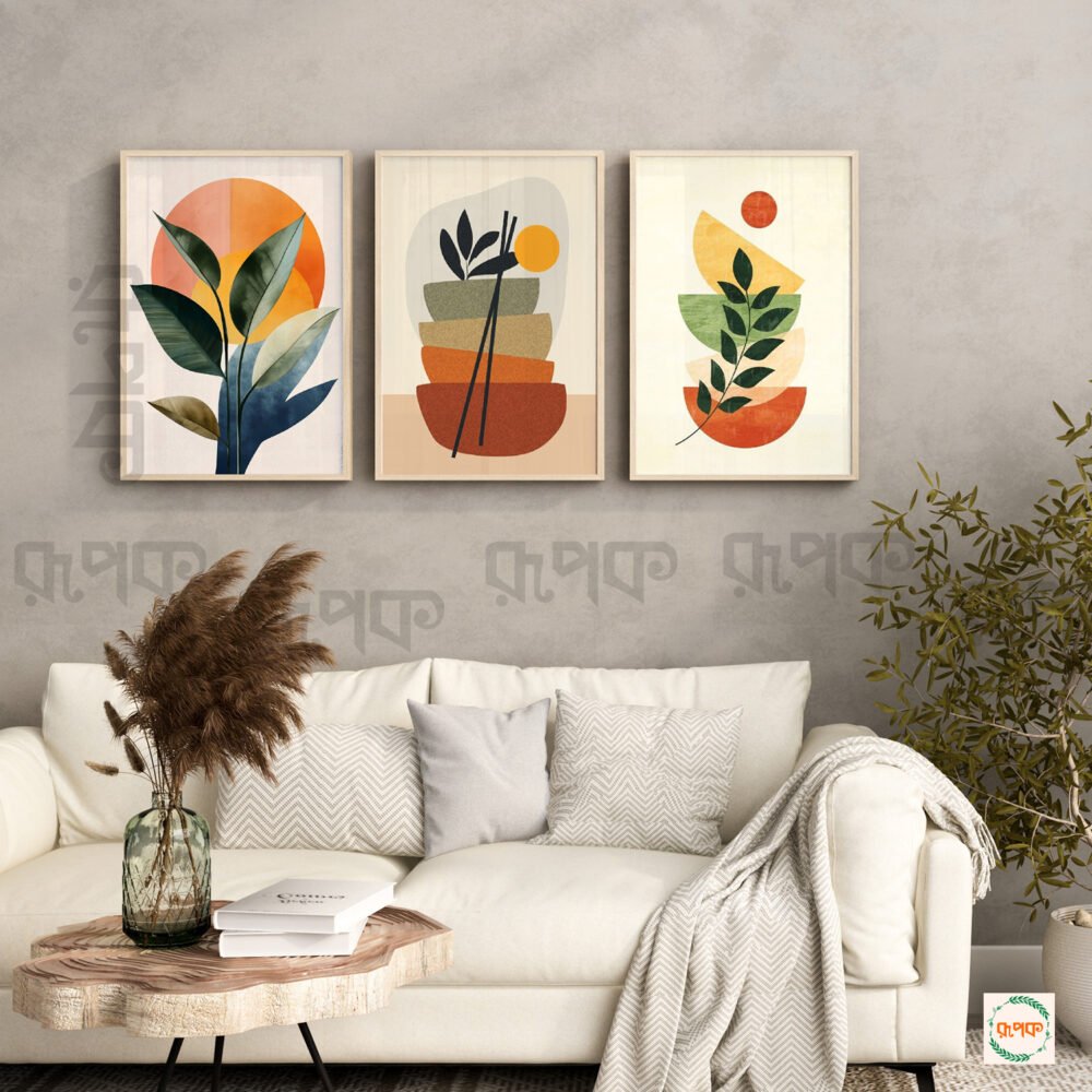 Boho Wall Art with Abstract Leaves and Shapes