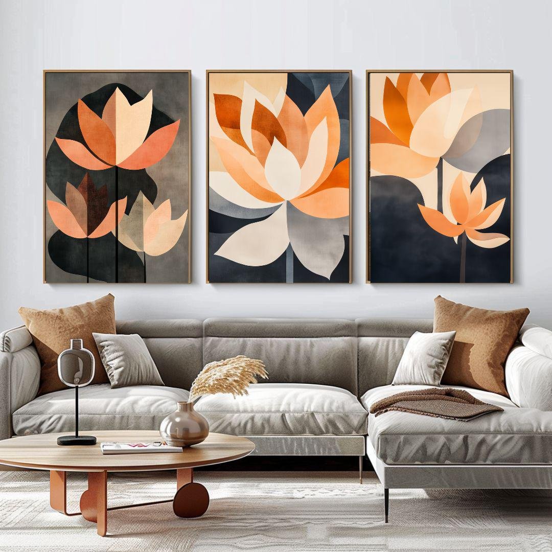 Boho Abstract Lotus Wall Art Set of 3