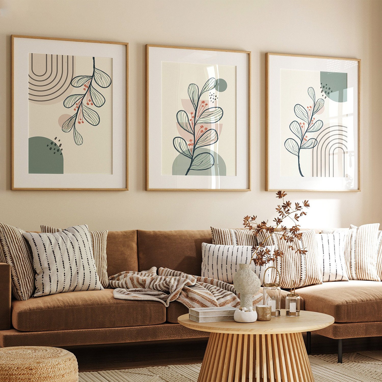 Boho Sage Green Beige Wall Art Set